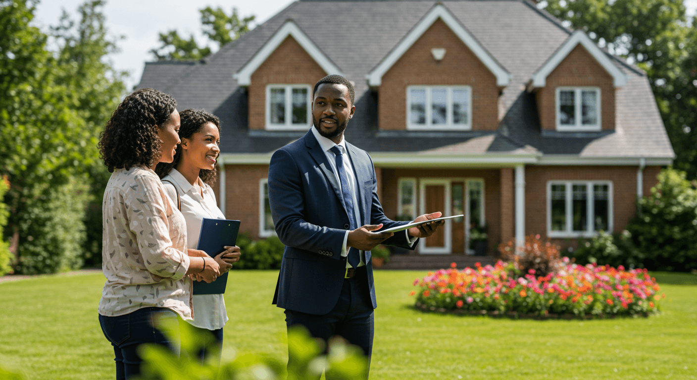 Real estate agents meeting with client outside a house